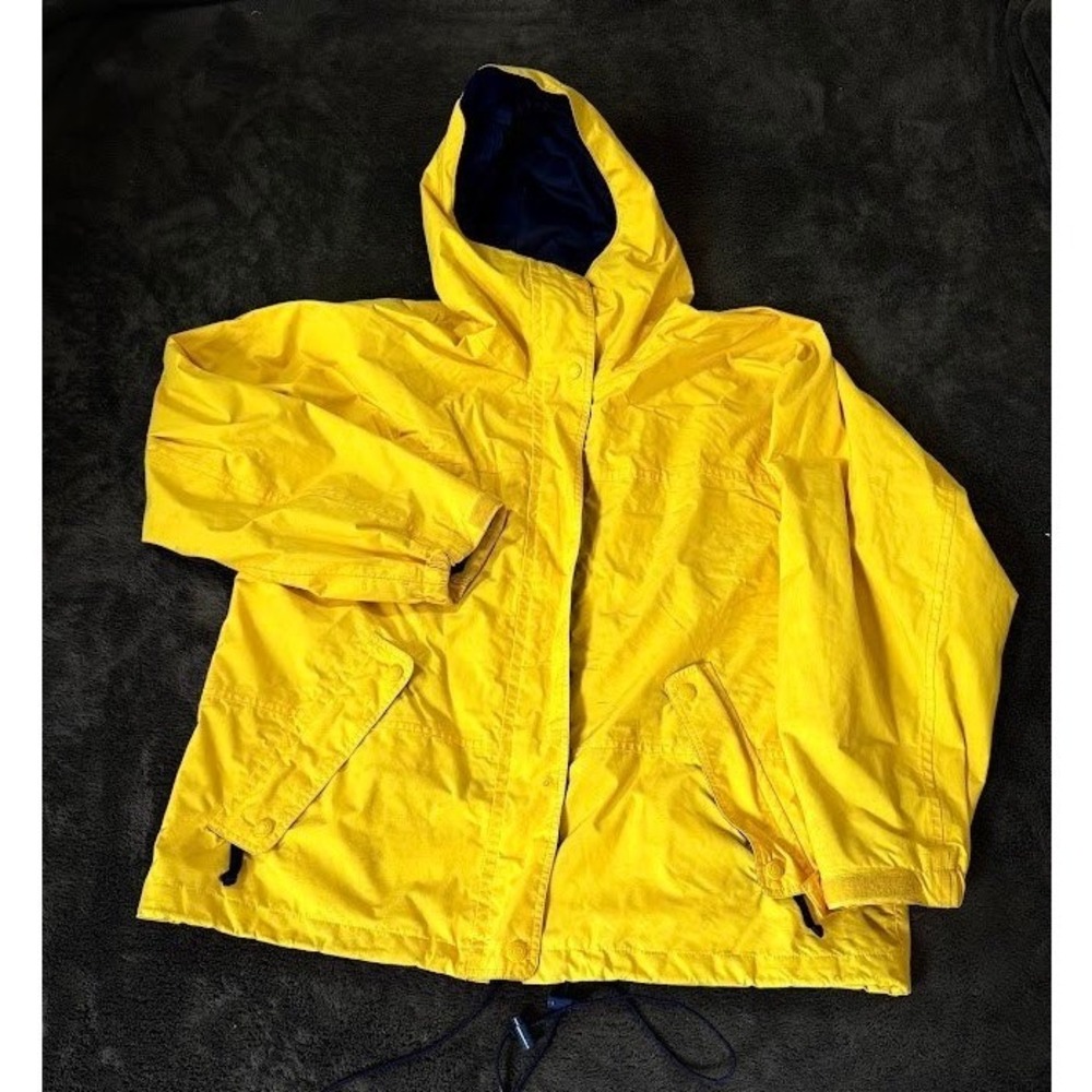 Vintage Eddie Bauer Yellow Rain Jacket Hooded Windbreaker Navy Mens Medium